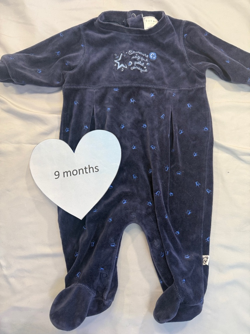 Petit Lem - Navy Velour baby footed sleeper. Size 9  months
